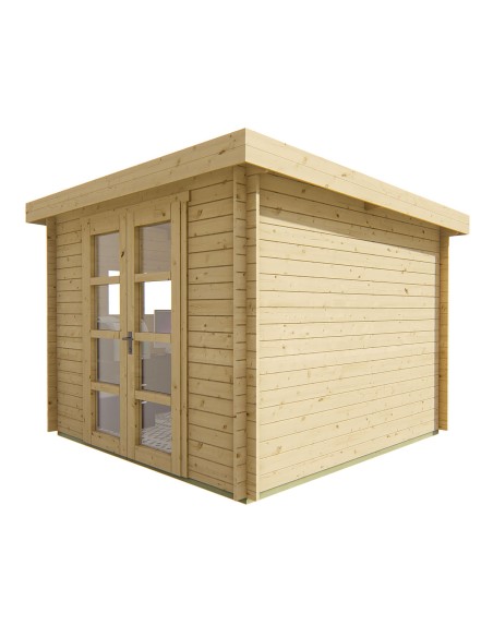 Klein houten chalet met plat dak