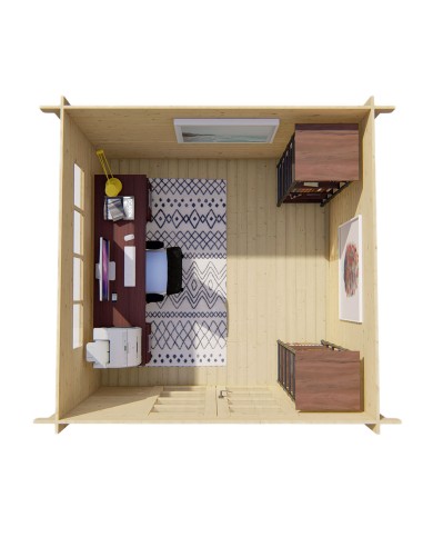 Klein houten chalet met plat dak