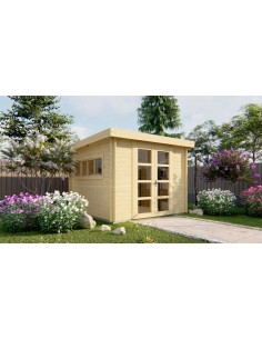 Klein houten chalet met plat dak