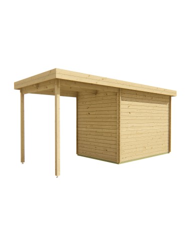 Tuinhuisje met plat dak en luifel rechts