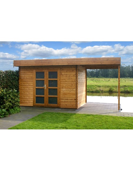 Tuinhuisje met plat dak en luifel rechts