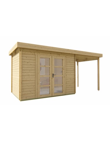 Tuinhuisje met plat dak en luifel rechts