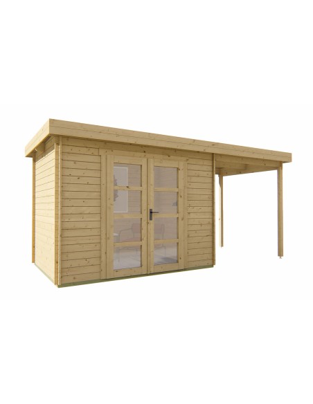 Tuinhuisje met plat dak en luifel rechts