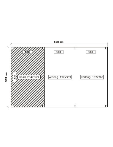 Schuur met plat dak en prieel 588 x 363 cm