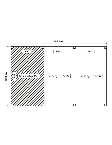 Schuur met plat dak en prieel 588 x 363 cm