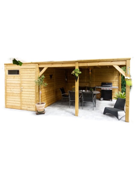 Schuur met plat dak en prieel 588 x 363 cm