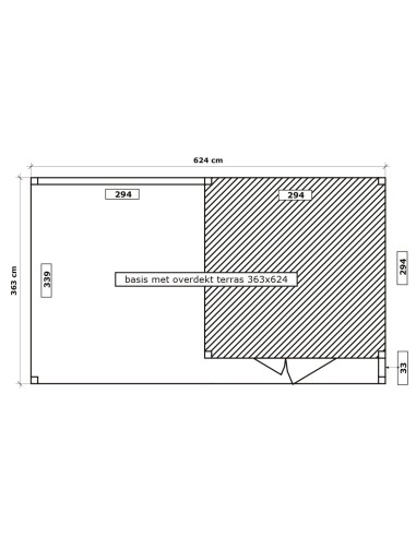 Tuinhuis met overdekt terras met verticale lamellen 624 x 363 cm
