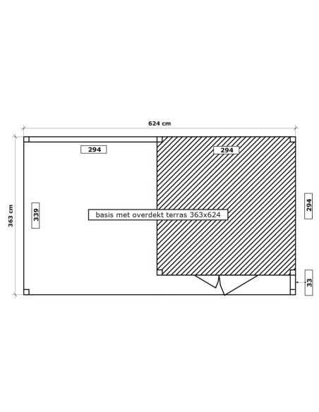 Maison de jardin avec terrasse couverte à lattes verticales 624 x 363 cm