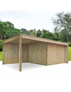 Maison de jardin avec terrasse couverte à lattes verticales 624 x 363 cm