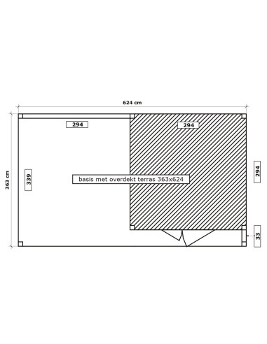 Maison de jardin avec terrasse couverte à lattes horizontales 624 x 363 cm