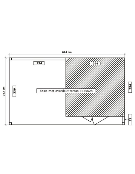 Tuinhuis met overdekt terras met horizontale latten 624 x 363 cm