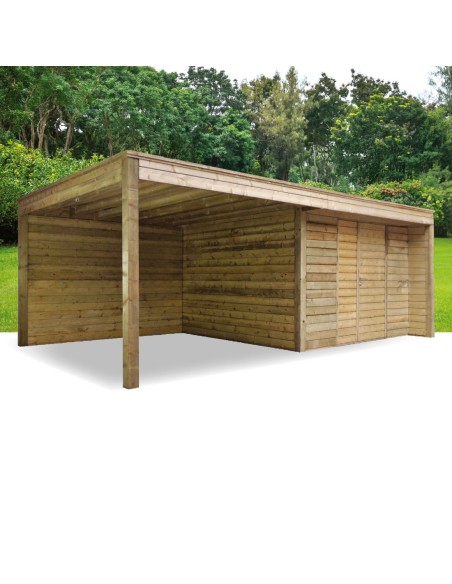Tuinhuis met overdekt terras met horizontale latten 624 x 363 cm