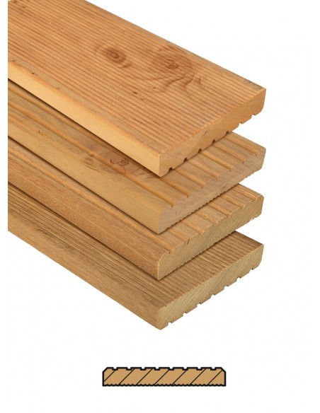 Planches de terrasse en bois Mélèze européen - à visser - avec larges et fines rainures