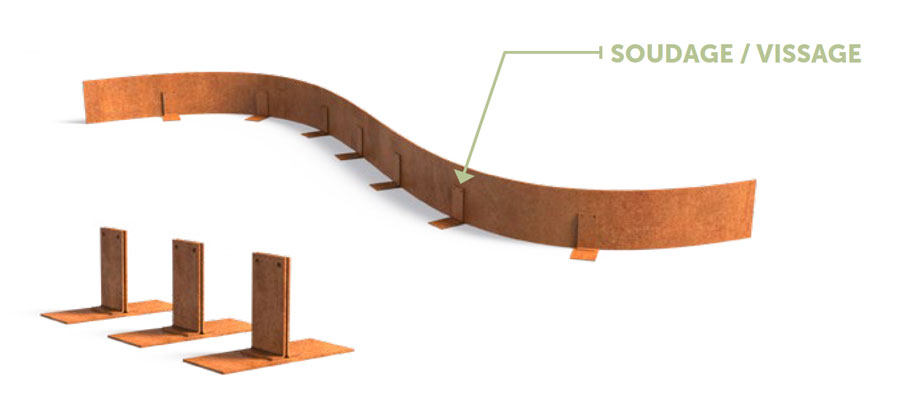 soudage vissage pieds en corten sur bordure en corten
